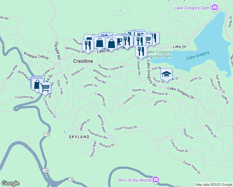 map of restaurants, bars, coffee shops, grocery stores, and more near 23949 Scenic Drive in Crestline