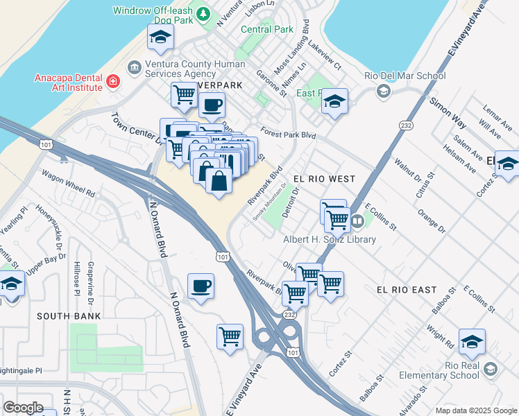 map of restaurants, bars, coffee shops, grocery stores, and more near 2721 Smoky Mountain Drive in Oxnard
