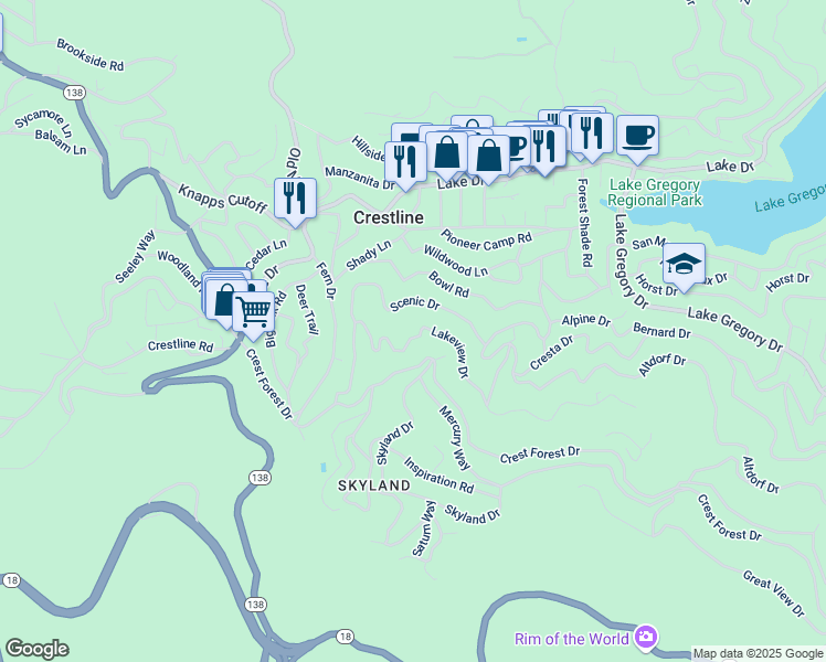 map of restaurants, bars, coffee shops, grocery stores, and more near 23776 Lakeview Drive in Crestline