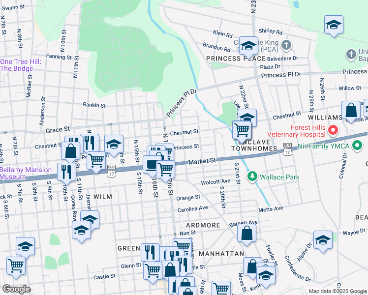 map of restaurants, bars, coffee shops, grocery stores, and more near 99 N 18th St in Wilmington