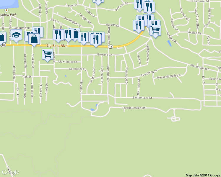 map of restaurants, bars, coffee shops, grocery stores, and more near 41930 Mapleleaf Drive in Big Bear Lake
