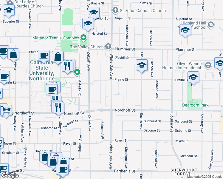 map of restaurants, bars, coffee shops, grocery stores, and more near 17655 Knapp Street in Los Angeles