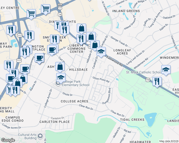 map of restaurants, bars, coffee shops, grocery stores, and more near 117 Hillsdale Drive in Wilmington
