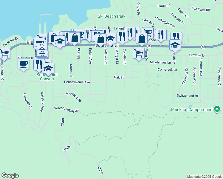 map of restaurants, bars, coffee shops, grocery stores, and more near 787 Ford Lane in Big Bear Lake