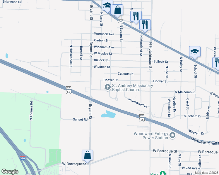 map of restaurants, bars, coffee shops, grocery stores, and more near 5808 Hoover Street in Pine Bluff