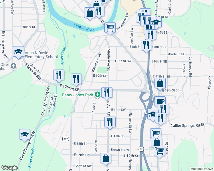 map of restaurants, bars, coffee shops, grocery stores, and more near 170 East 11th Street Southeast in Rome