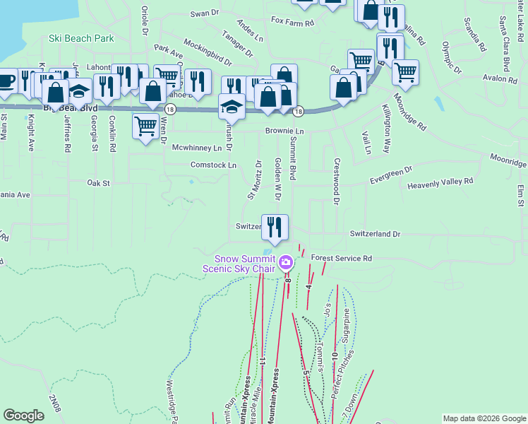 map of restaurants, bars, coffee shops, grocery stores, and more near 774 Saint Moritz Drive in Big Bear Lake