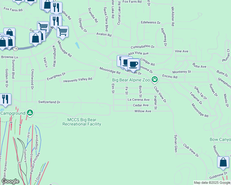 map of restaurants, bars, coffee shops, grocery stores, and more near 42534 La Placida Avenue in Big Bear Lake