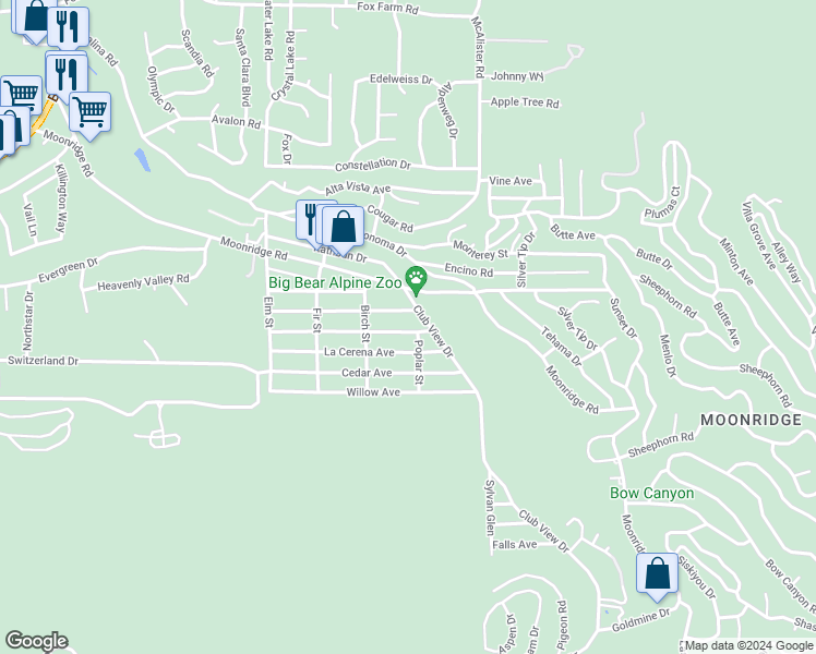 map of restaurants, bars, coffee shops, grocery stores, and more near 42768 La Placida Avenue in Big Bear Lake