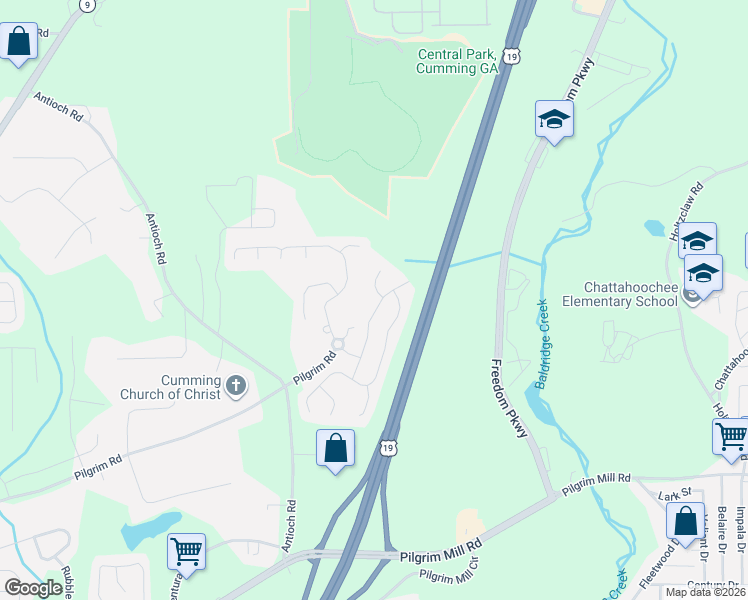 map of restaurants, bars, coffee shops, grocery stores, and more near 3030 Spalding Court in Cumming