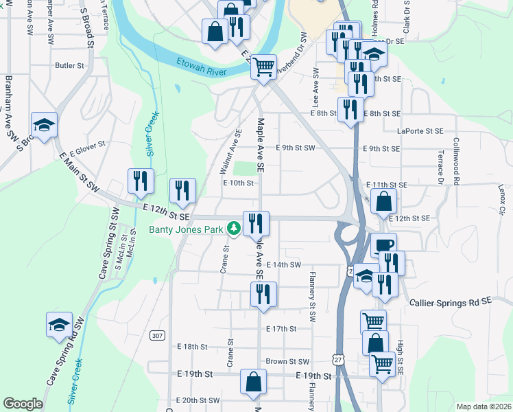 map of restaurants, bars, coffee shops, grocery stores, and more near 927 Maple Avenue Southeast in Rome