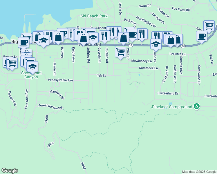 map of restaurants, bars, coffee shops, grocery stores, and more near 758 Conklin Road in Big Bear Lake