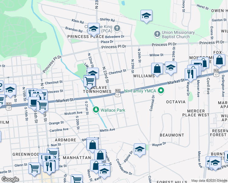 map of restaurants, bars, coffee shops, grocery stores, and more near 2305 Market Street in Wilmington