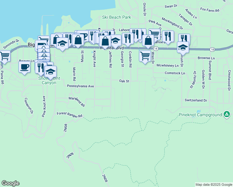 map of restaurants, bars, coffee shops, grocery stores, and more near 787 Ford Lane in Big Bear Lake