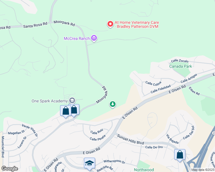 map of restaurants, bars, coffee shops, grocery stores, and more near 4850 North Moorpark Road in Thousand Oaks