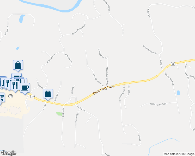 map of restaurants, bars, coffee shops, grocery stores, and more near 214 Sky Mountain Lane in Canton