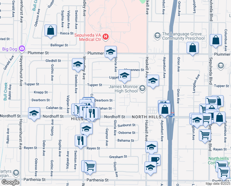 map of restaurants, bars, coffee shops, grocery stores, and more near 9250 Gloria Avenue in Los Angeles