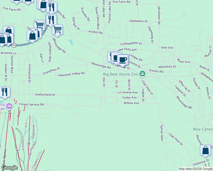 map of restaurants, bars, coffee shops, grocery stores, and more near 42534 La Placida Avenue in Big Bear Lake