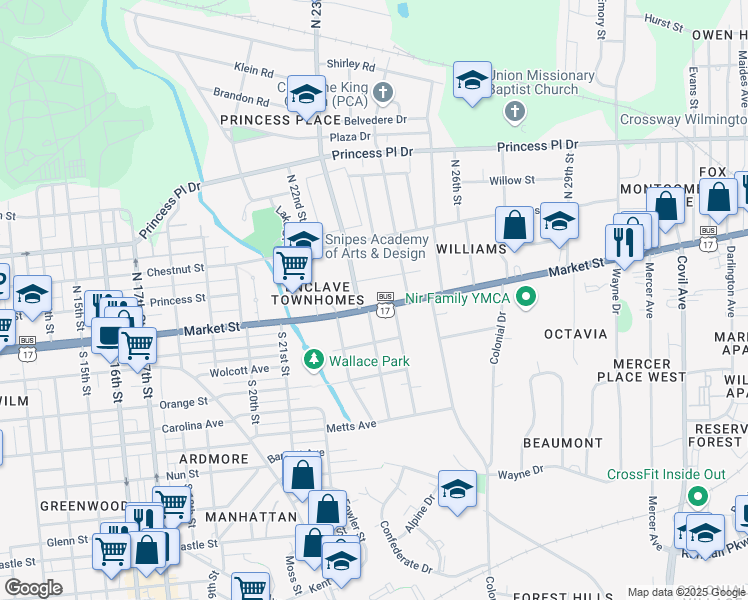 map of restaurants, bars, coffee shops, grocery stores, and more near 2305 Market Street in Wilmington
