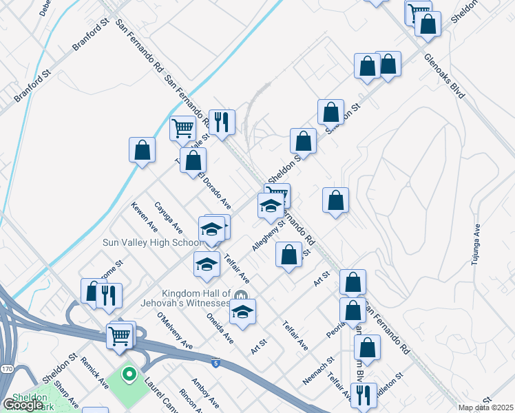 map of restaurants, bars, coffee shops, grocery stores, and more near 12030 Sheldon Street in Los Angeles