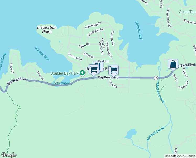 map of restaurants, bars, coffee shops, grocery stores, and more near 39209 Big Bear Boulevard in Big Bear Lake