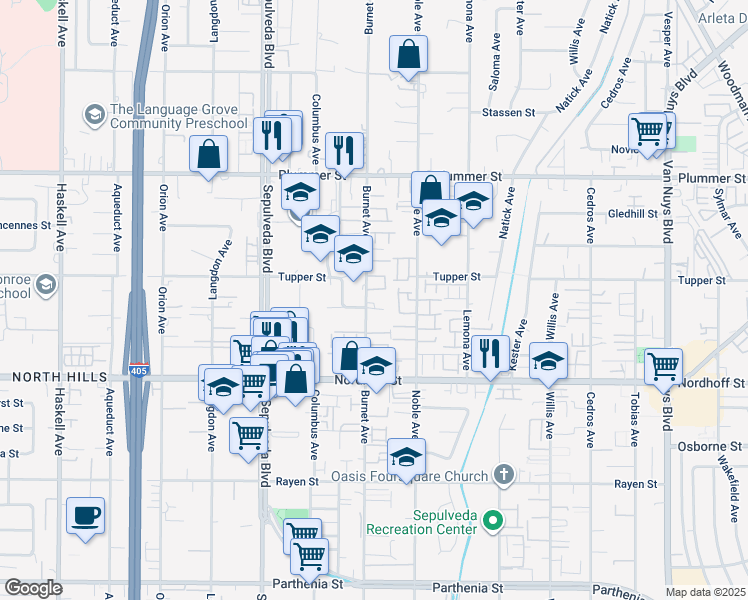 map of restaurants, bars, coffee shops, grocery stores, and more near 9236 Burnet Avenue in Los Angeles