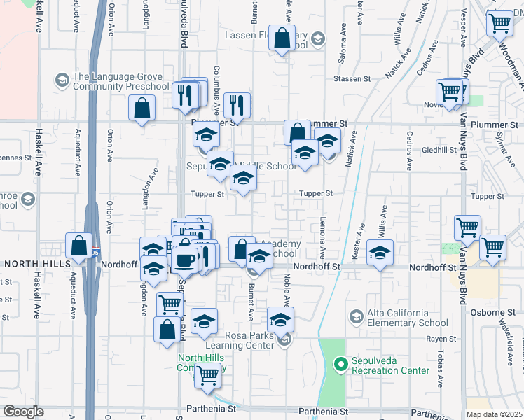 map of restaurants, bars, coffee shops, grocery stores, and more near 9236 Burnet Avenue in Los Angeles