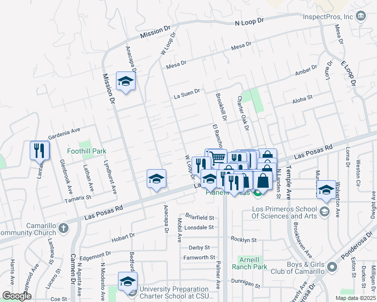 map of restaurants, bars, coffee shops, grocery stores, and more near 2209 Camilar Drive in Camarillo