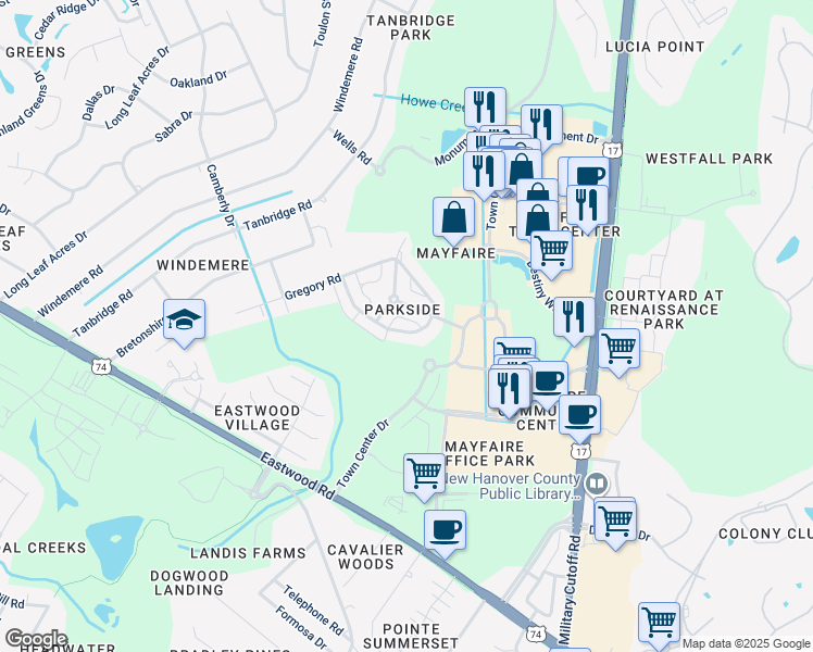 map of restaurants, bars, coffee shops, grocery stores, and more near 6426 Chalfont Circle in Wilmington