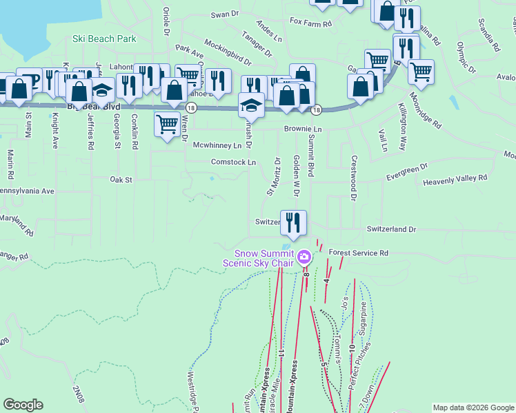 map of restaurants, bars, coffee shops, grocery stores, and more near 774 Saint Moritz Drive in Big Bear Lake