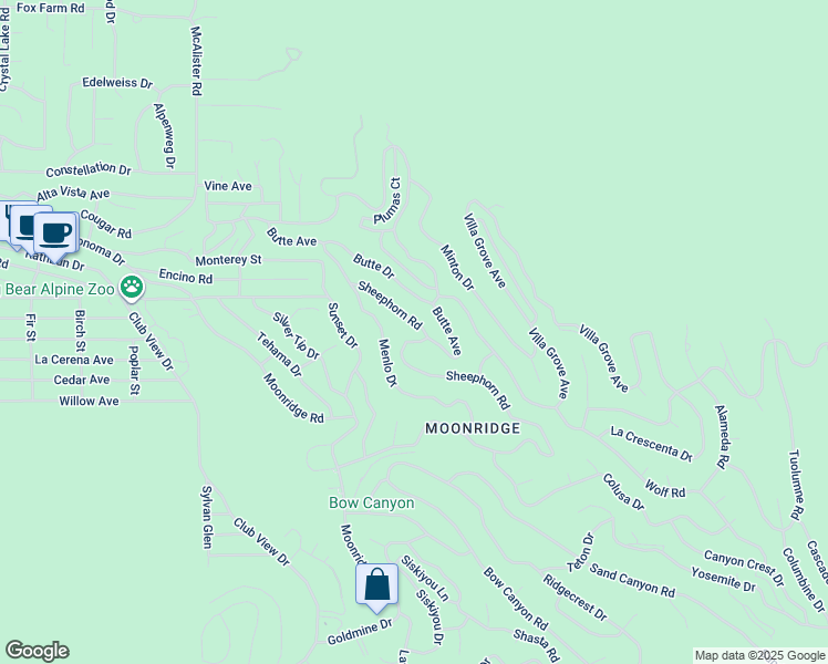 map of restaurants, bars, coffee shops, grocery stores, and more near 1193 Sheephorn Road in Big Bear