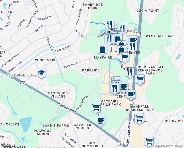map of restaurants, bars, coffee shops, grocery stores, and more near 6426 Chalfont Circle in Wilmington