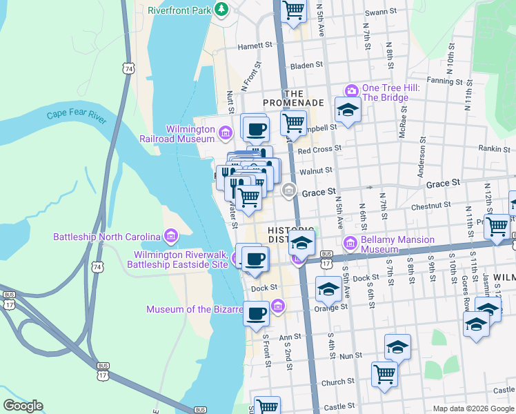 map of restaurants, bars, coffee shops, grocery stores, and more near 302 North Front Street in Wilmington