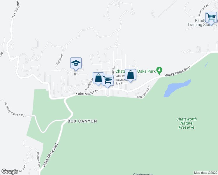 map of restaurants, bars, coffee shops, grocery stores, and more near 23403 Lake Manor Drive in Los Angeles County