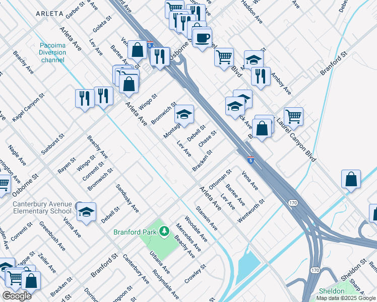 map of restaurants, bars, coffee shops, grocery stores, and more near 13210 Debell Street in Los Angeles