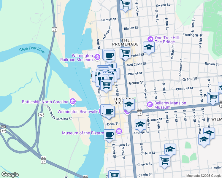 map of restaurants, bars, coffee shops, grocery stores, and more near 302 North Front Street in Wilmington