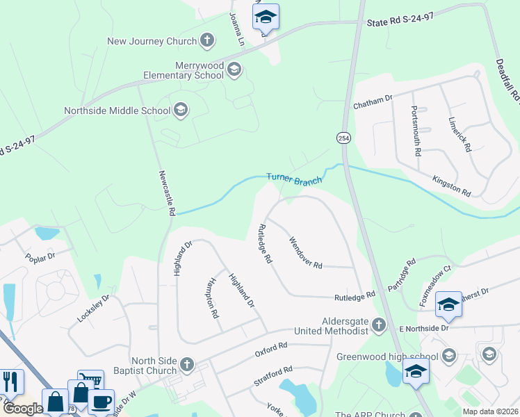 map of restaurants, bars, coffee shops, grocery stores, and more near 143 Rutledge Road in Greenwood