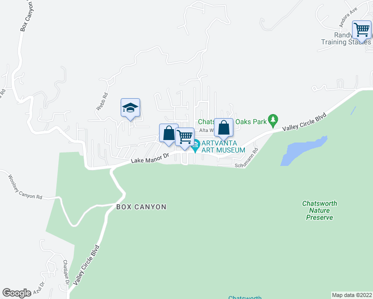 map of restaurants, bars, coffee shops, grocery stores, and more near 23403 Lake Manor Drive in Los Angeles County