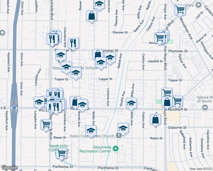 map of restaurants, bars, coffee shops, grocery stores, and more near 15012 Anaya Drive in Los Angeles