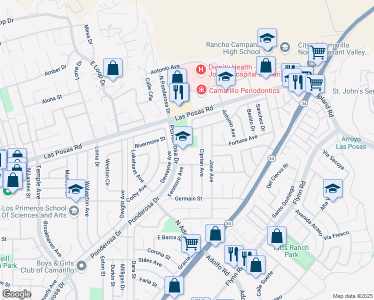 map of restaurants, bars, coffee shops, grocery stores, and more near 3635 Appian Way in Camarillo