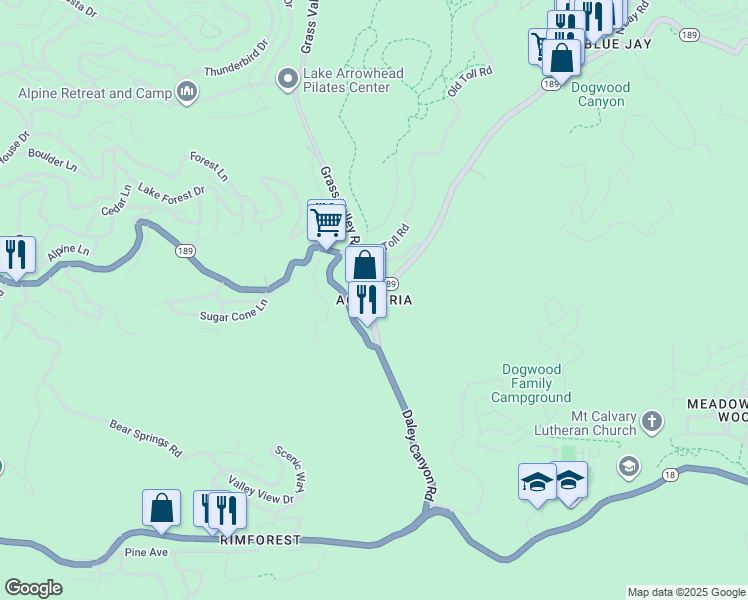 map of restaurants, bars, coffee shops, grocery stores, and more near 277 Grizzly Road in Lake Arrowhead