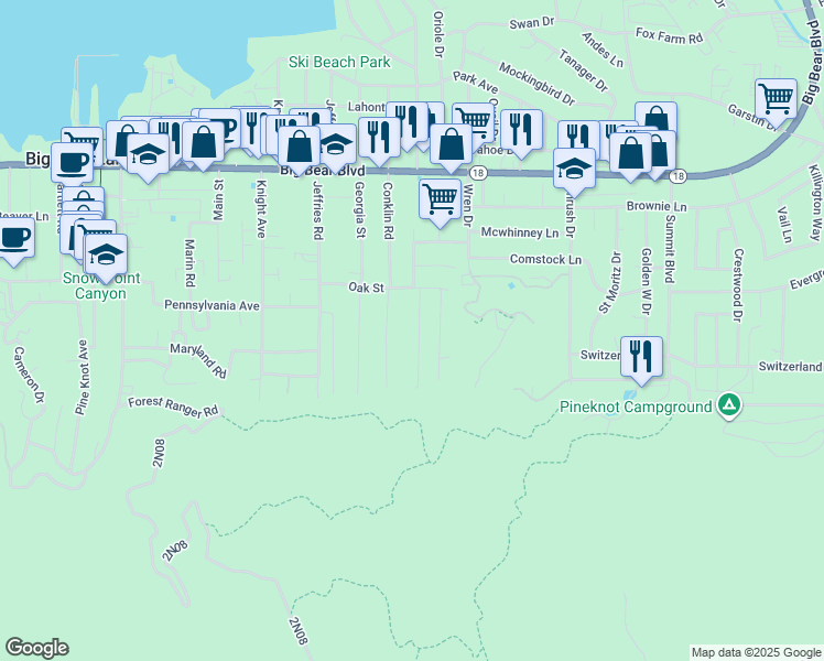 map of restaurants, bars, coffee shops, grocery stores, and more near 786 Eureka Drive in Big Bear Lake