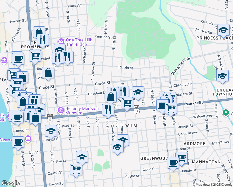 map of restaurants, bars, coffee shops, grocery stores, and more near 1103 Chestnut Street in Wilmington