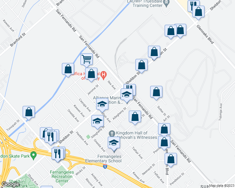 map of restaurants, bars, coffee shops, grocery stores, and more near 9363 Ilex Avenue in Los Angeles