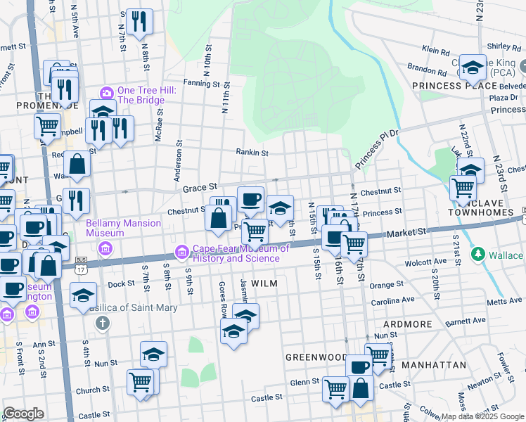 map of restaurants, bars, coffee shops, grocery stores, and more near 1205 Chestnut Street in Wilmington