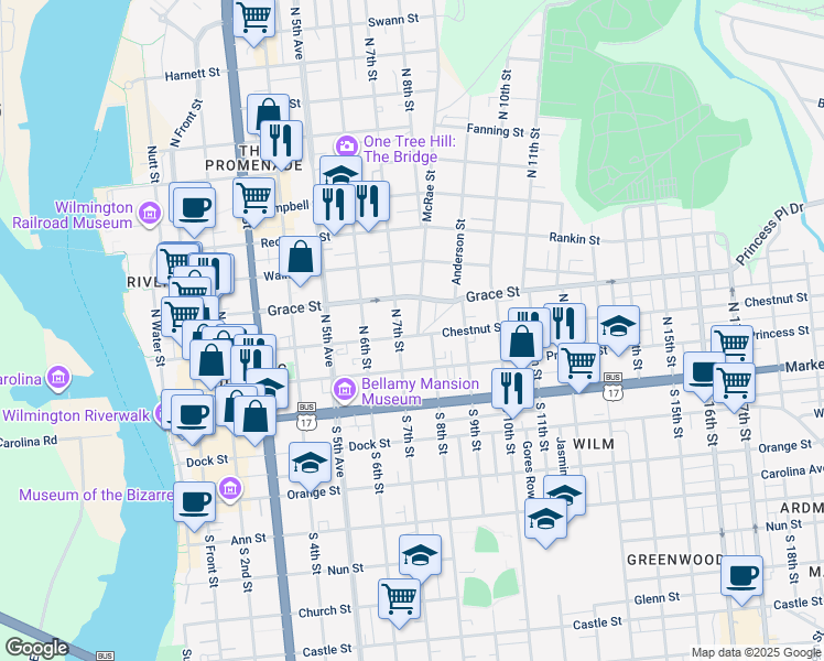 map of restaurants, bars, coffee shops, grocery stores, and more near 218 McRae Street in Wilmington