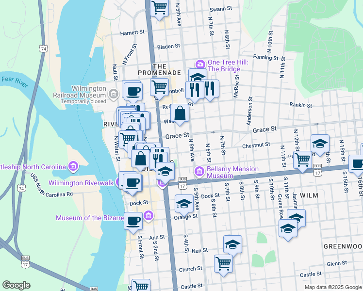map of restaurants, bars, coffee shops, grocery stores, and more near 408 Grace Street in Wilmington