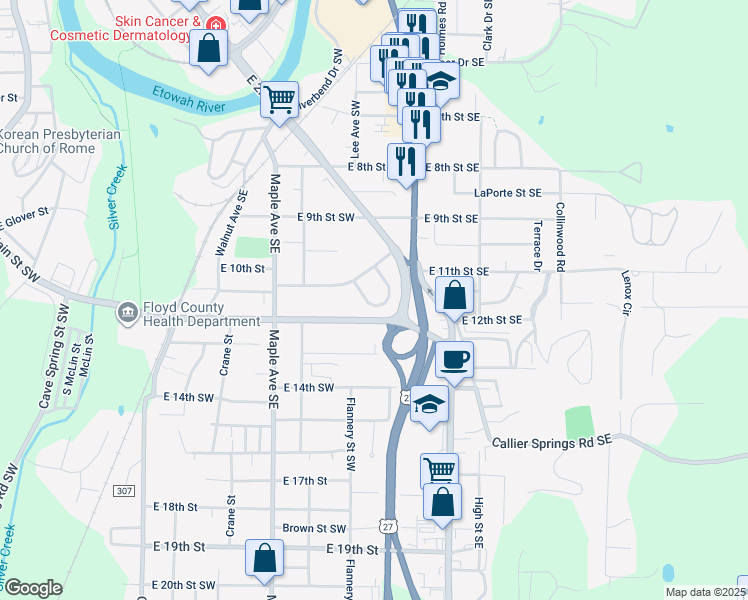 map of restaurants, bars, coffee shops, grocery stores, and more near 4 Notasulga Drive in Rome