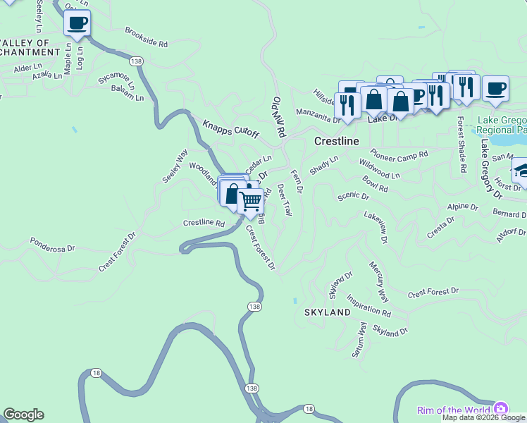 map of restaurants, bars, coffee shops, grocery stores, and more near 791 High Road in Crestline