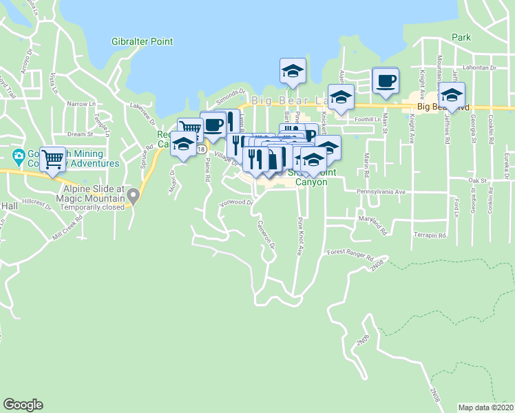 map of restaurants, bars, coffee shops, grocery stores, and more near 777 Cameron Drive in Big Bear Lake